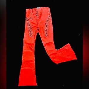 Edikted Red Lace-Up Flare Pants